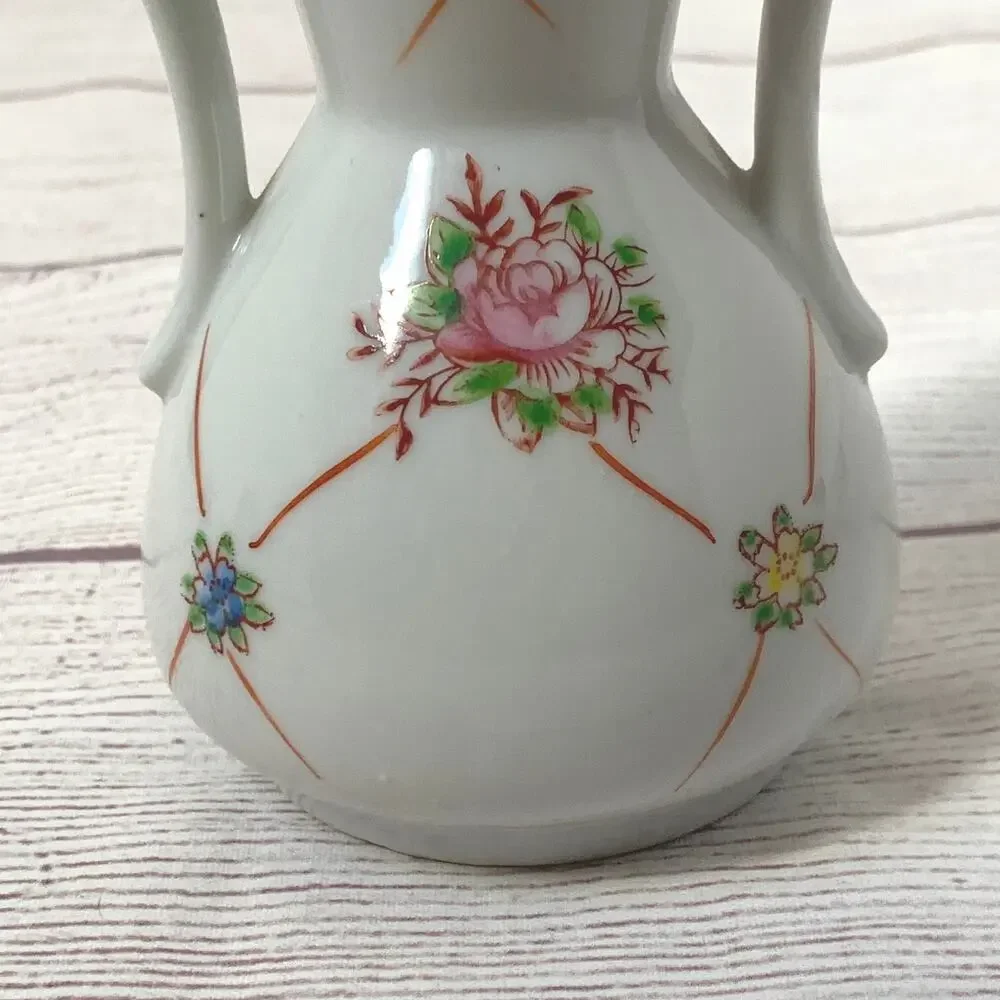 Vintage Japanese Double Handle Ceramic Vase Floral Motif Art Deco 4 5/8